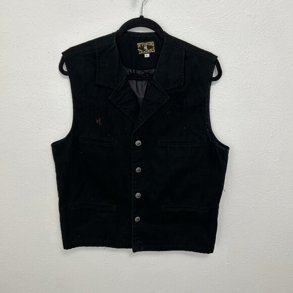 Wyoming Traders Black Denim Western Cotton Vest Mens M Button Up Rodeo Pockets - Picture 1 of 11